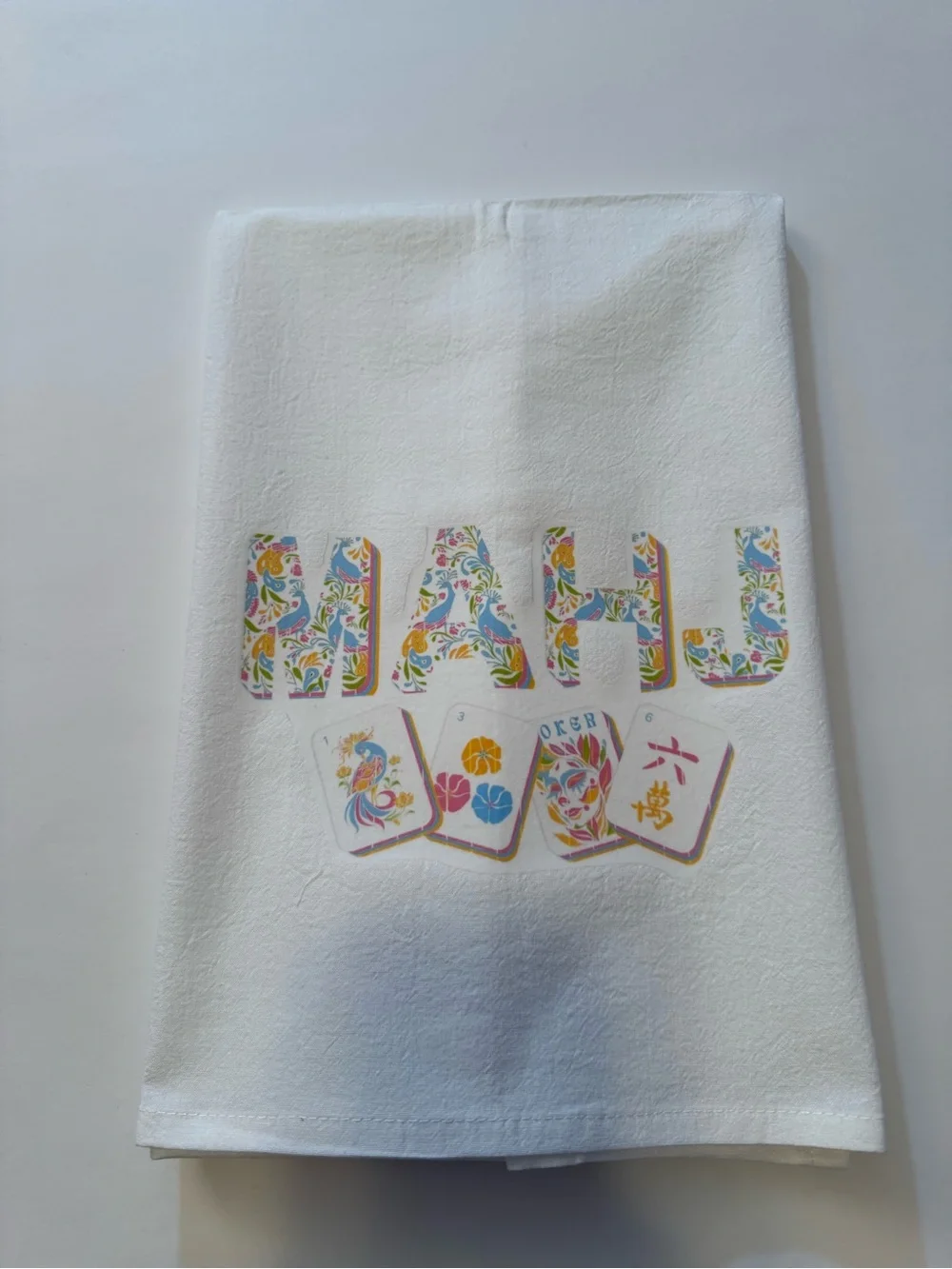 Mahjong Mahj Decorative White Tea Towel with Colorful Mahjong Motif